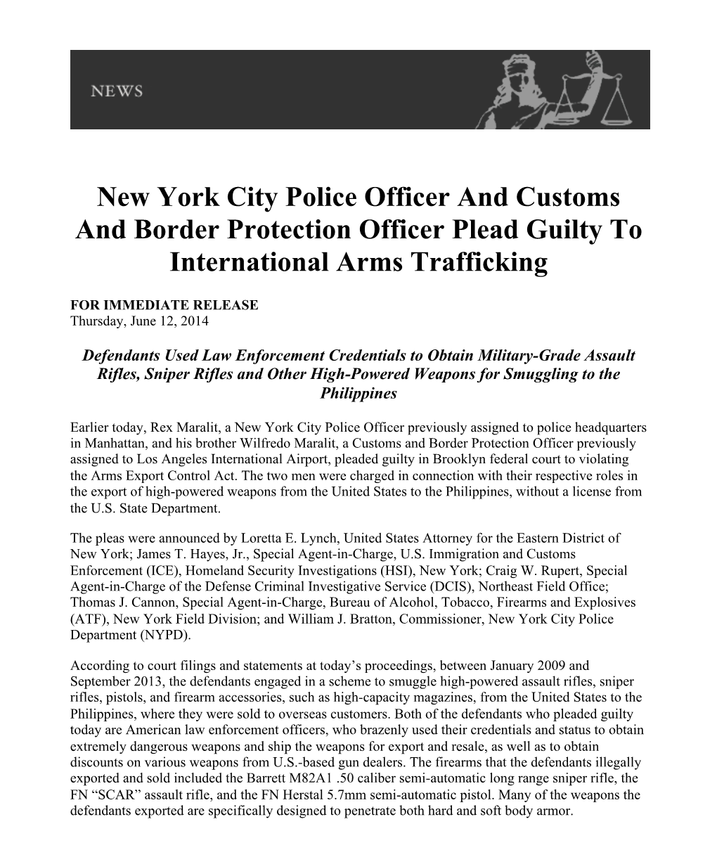 New York City Police Officer and Customs and Border Protection Officer Plead Guilty to International Arms Trafficking