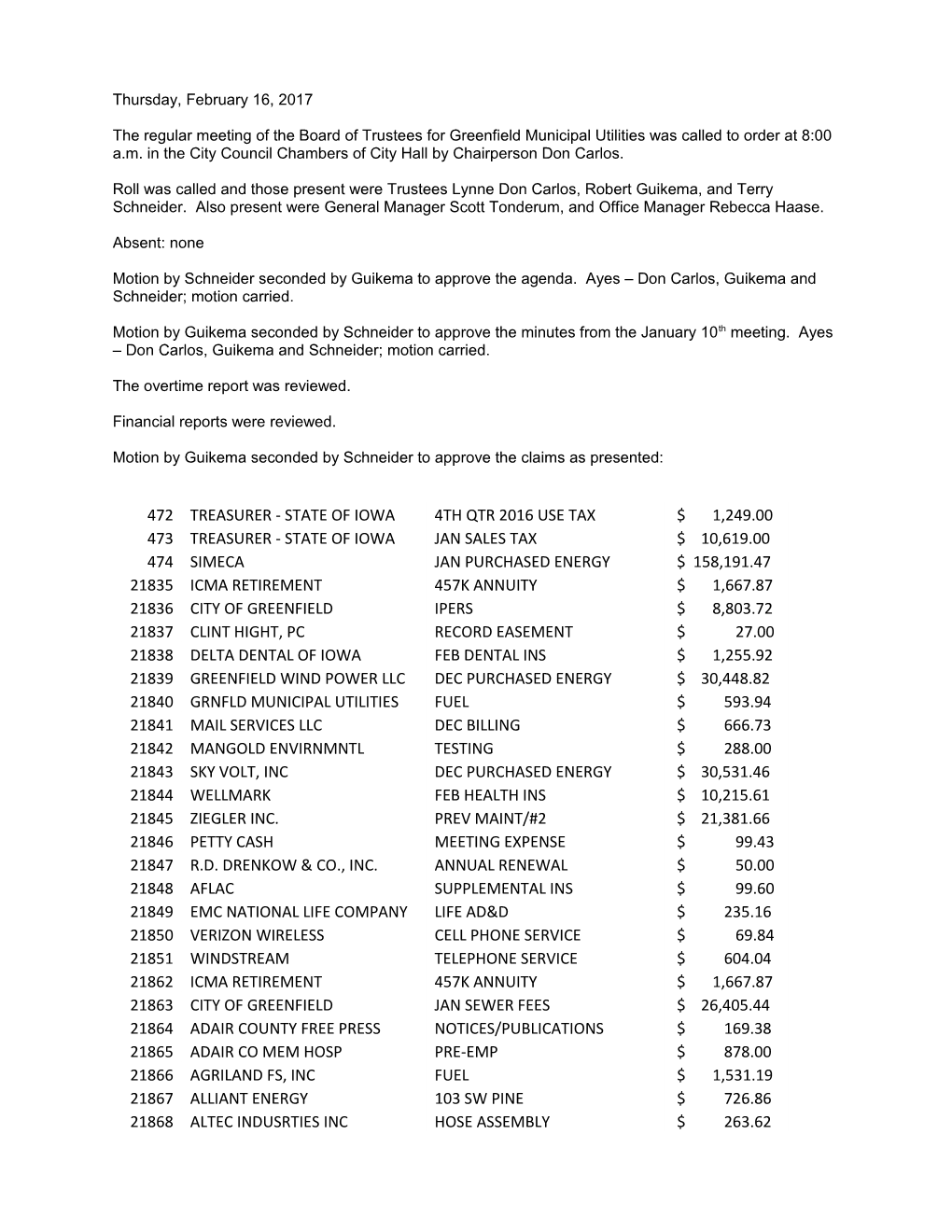 The Regular Meeting of the Board of Trustees for Greenfield Municipal Utilities Was Called s2