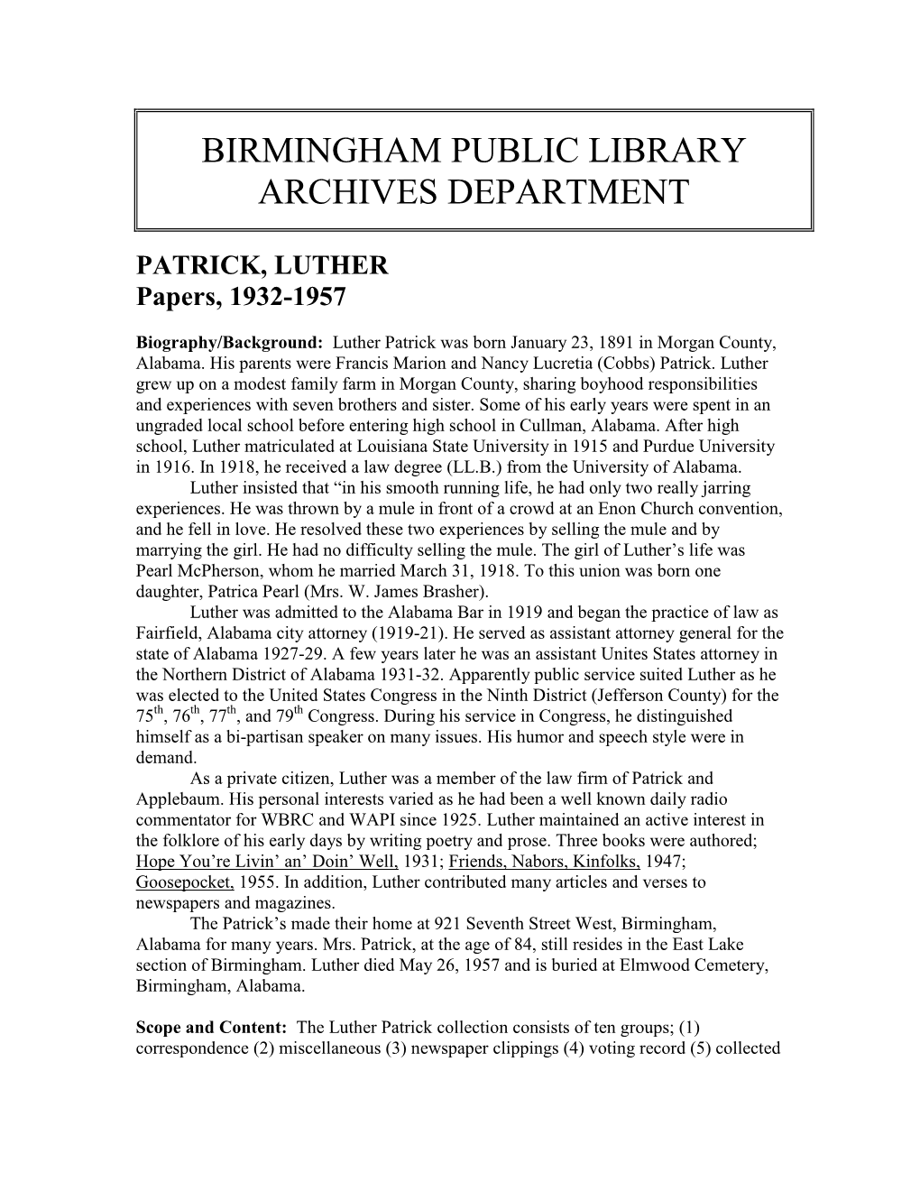 Birmingham Public Library Archives Department