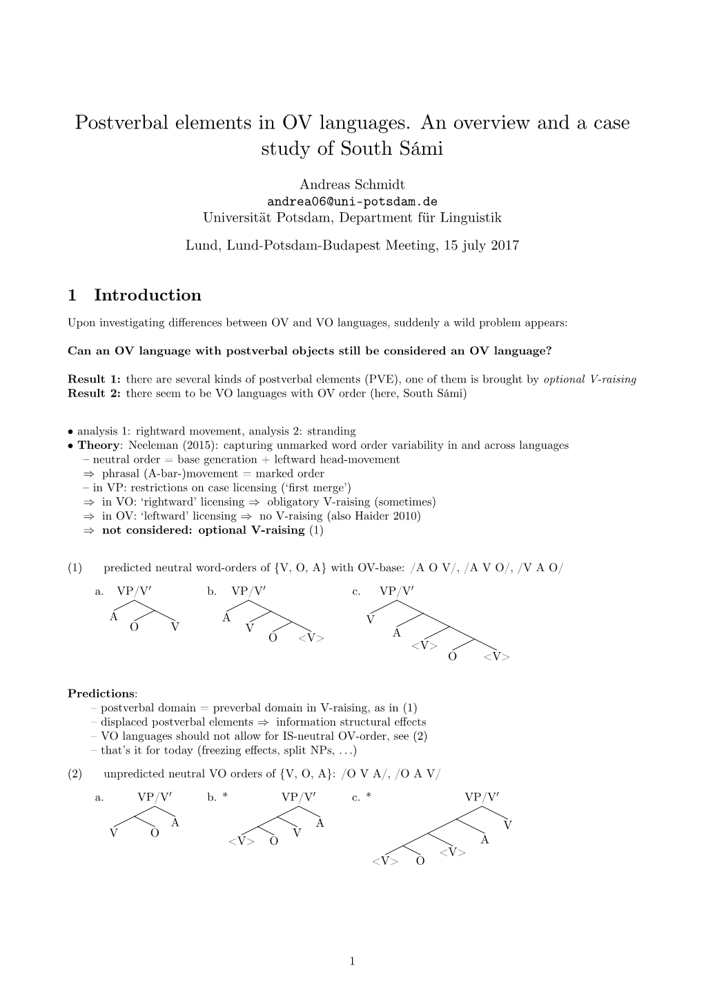 Postverbal Elements in OV Languages. an Overview and a Case Study of South Sámi