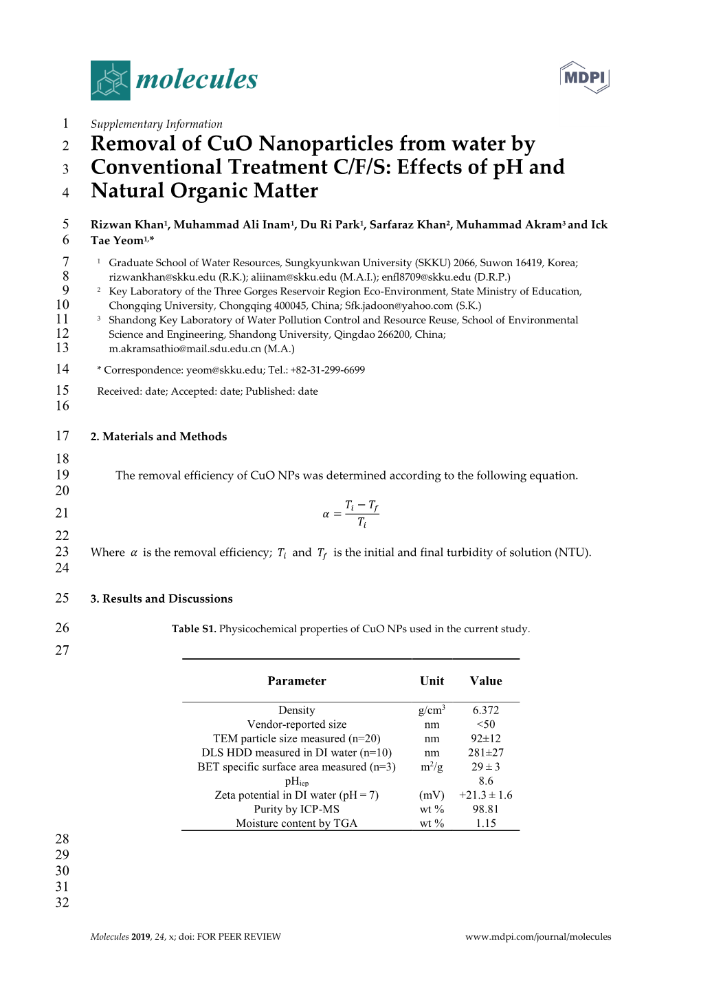 Removal of Cuo Nanoparticles from Water by Conventional