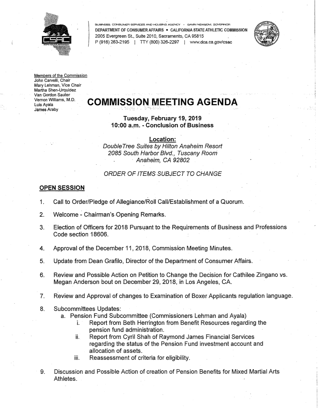 California State Athletic Commission Meeting Materials