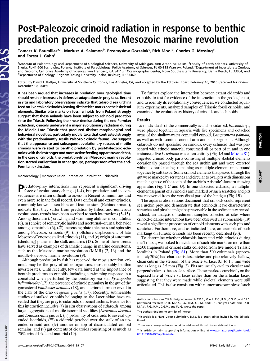 Post-Paleozoic Crinoid Radiation in Response to Benthic Predation Preceded the Mesozoic Marine Revolution