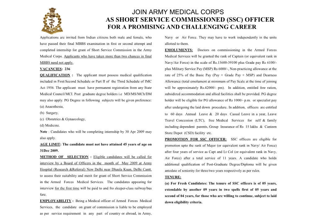 Join Army Medical Corps As Short Service Commissioned (Ssc) Officer for a Promising and Challenging Career