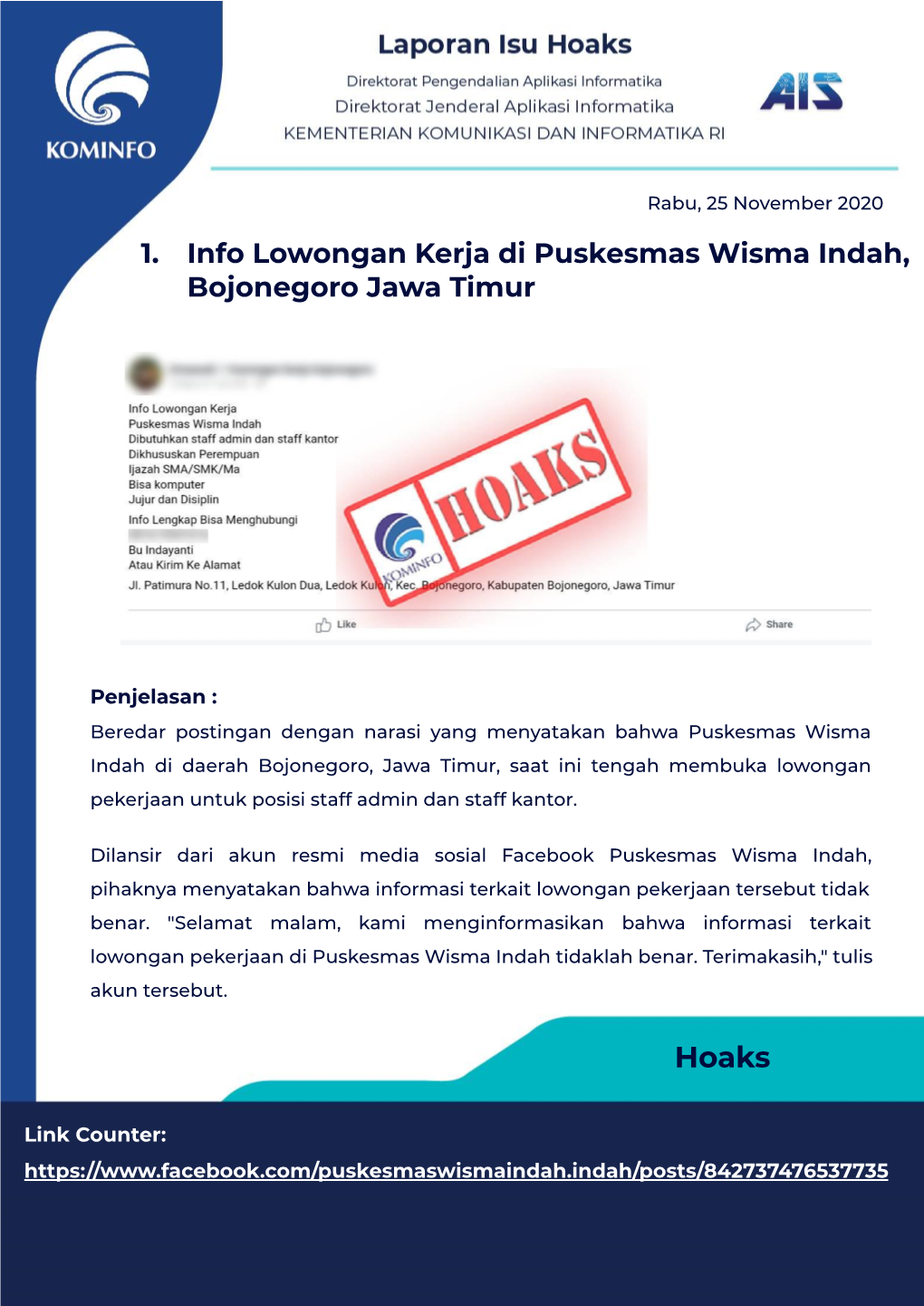 1. Info Lowongan Kerja Di Puskesmas Wisma Indah, Bojonegoro Jawa Timur