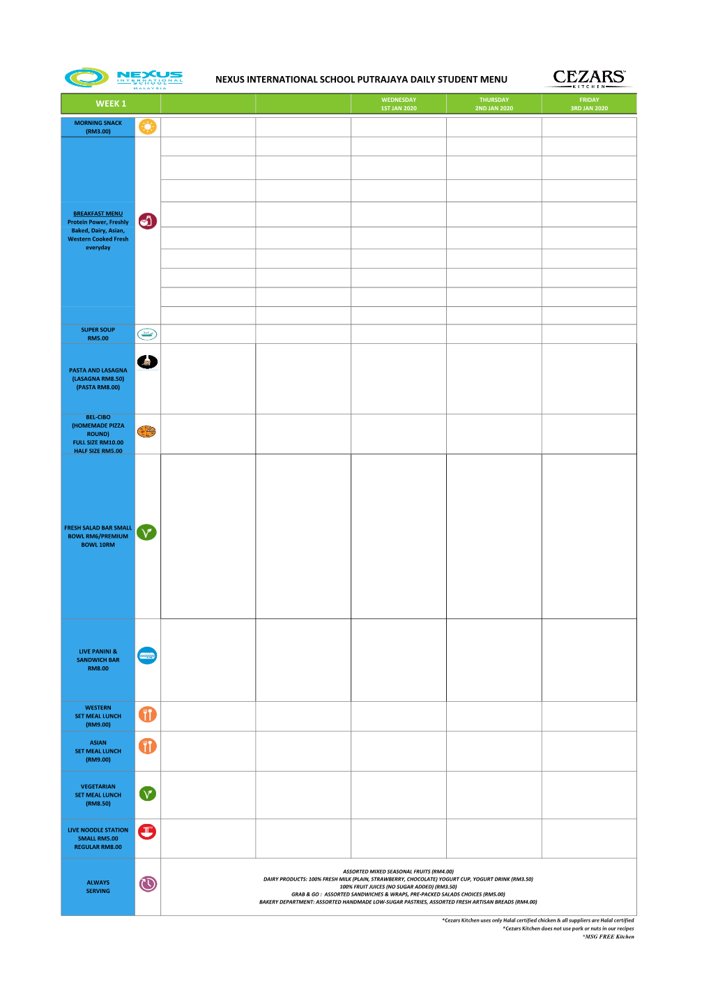 Nexus International School Putrajaya Daily Student Menu Week 1