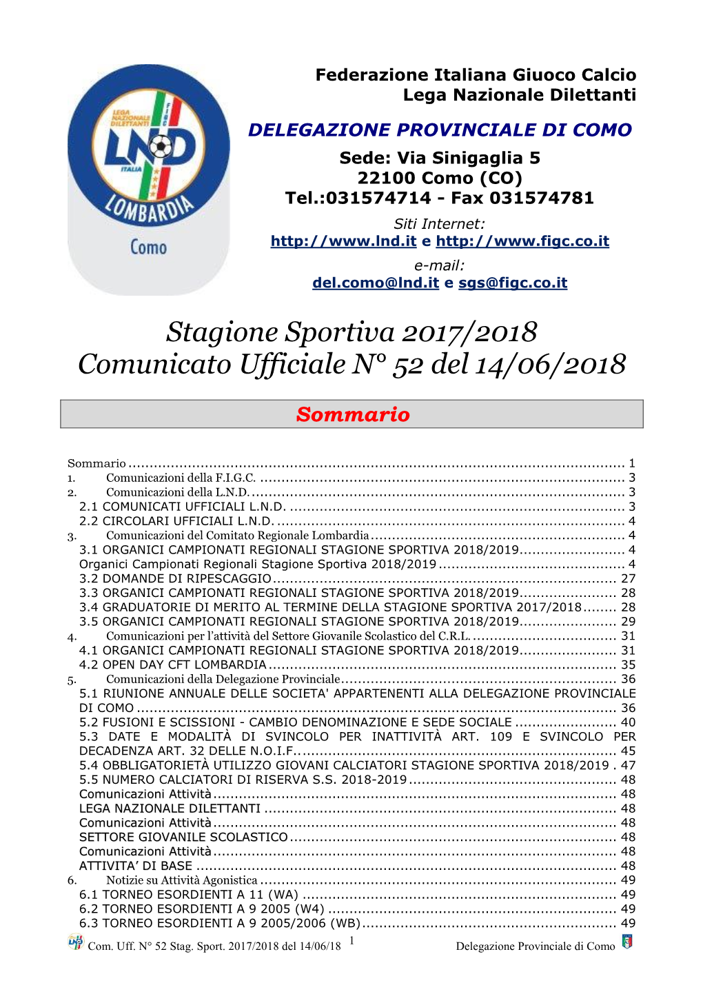 Stagione Sportiva 2017/2018 Comunicato Ufficiale N° 52 Del 14/06/2018