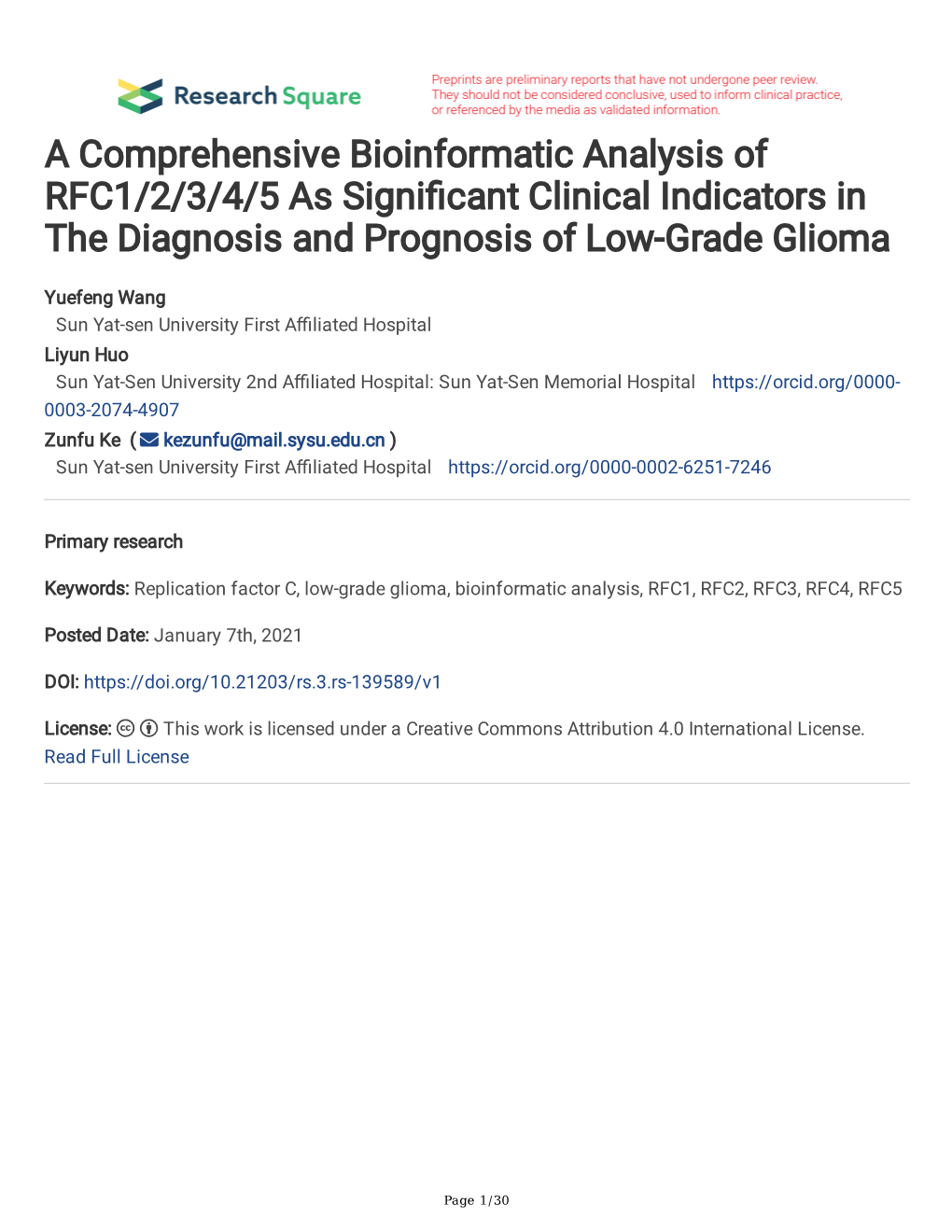 A Comprehensive Bioinformatic Analysis of RFC1/2/3/4/5 As Signifcant Clinical Indicators in the Diagnosis and Prognosis of Low-Grade Glioma