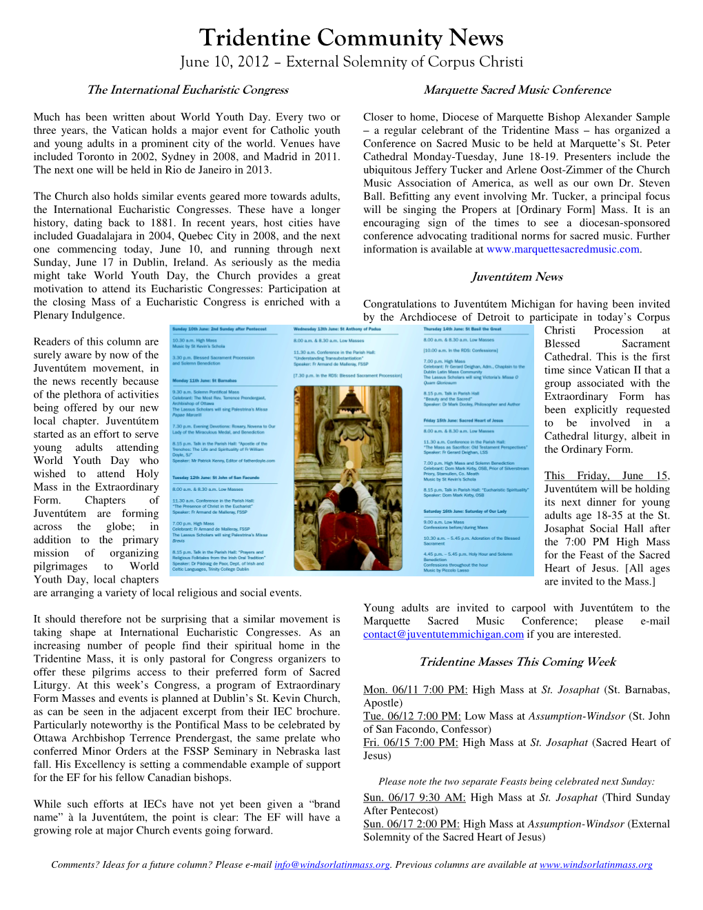 Tridentine Community News June 10, 2012 – External Solemnity of Corpus Christi