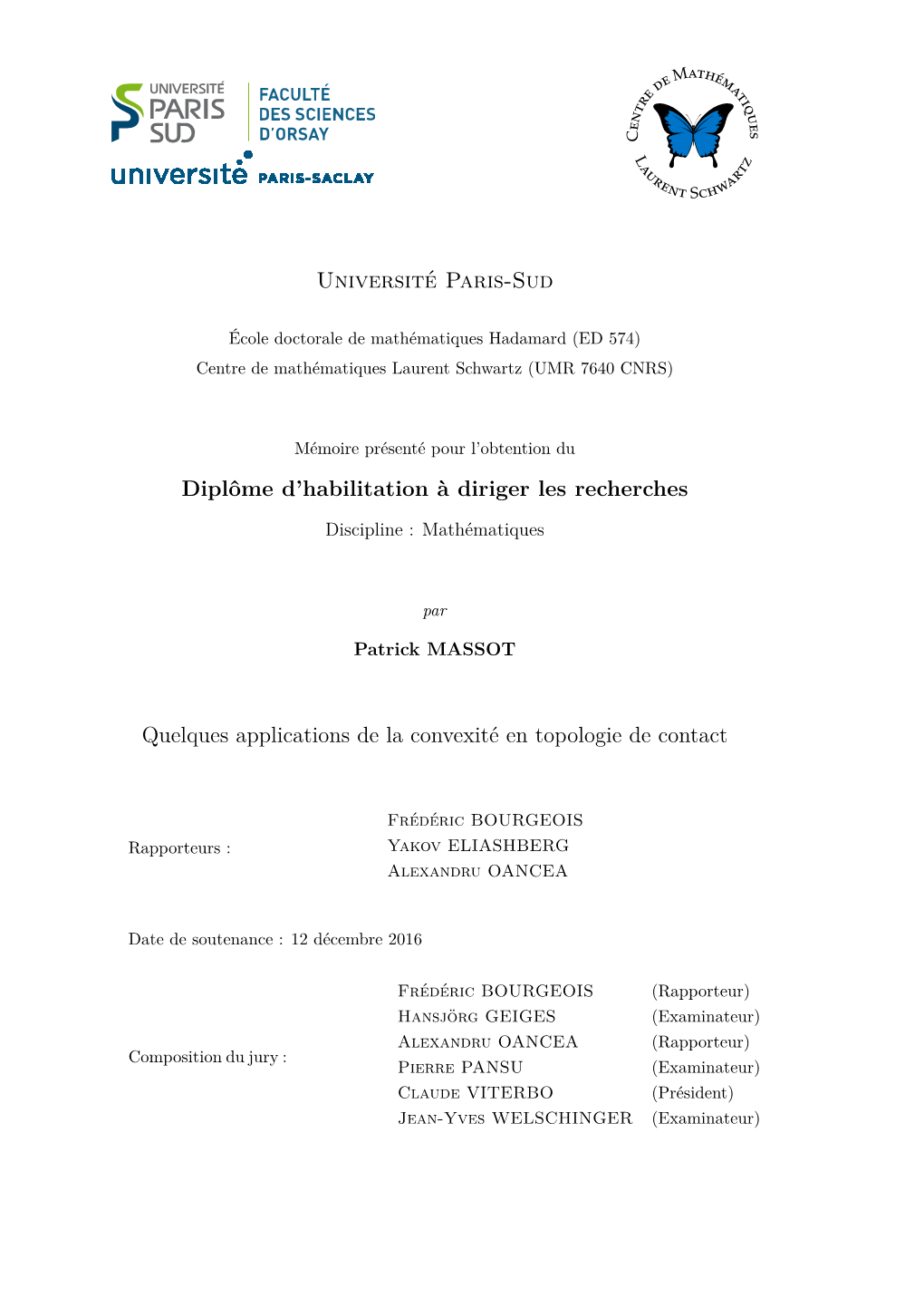 Université Paris-Sud Diplôme D'habilitation À Diriger Les