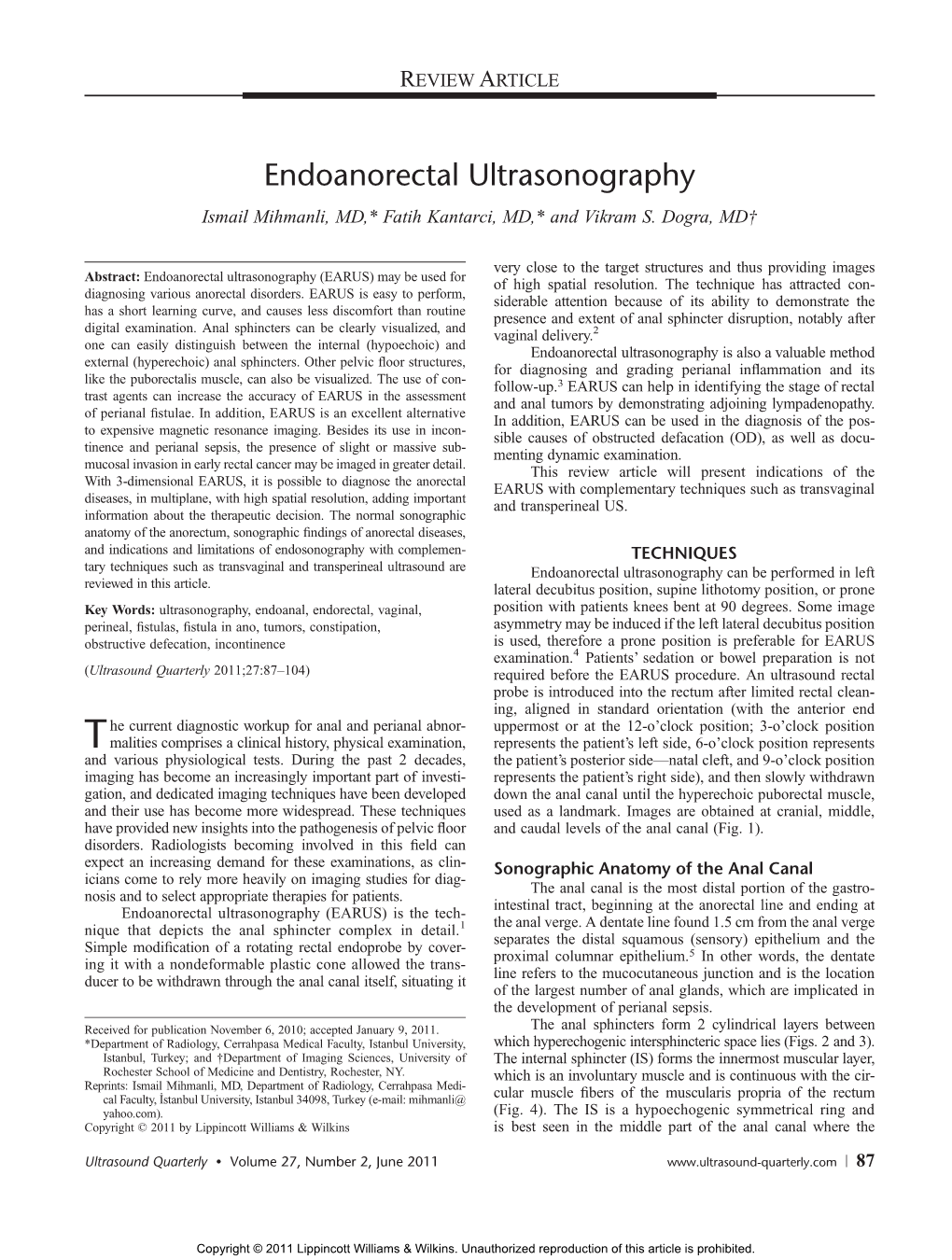 Endoanorectal Ultrasonography Ismail Mihmanli, MD,* Fatih Kantarci, MD,* and Vikram S