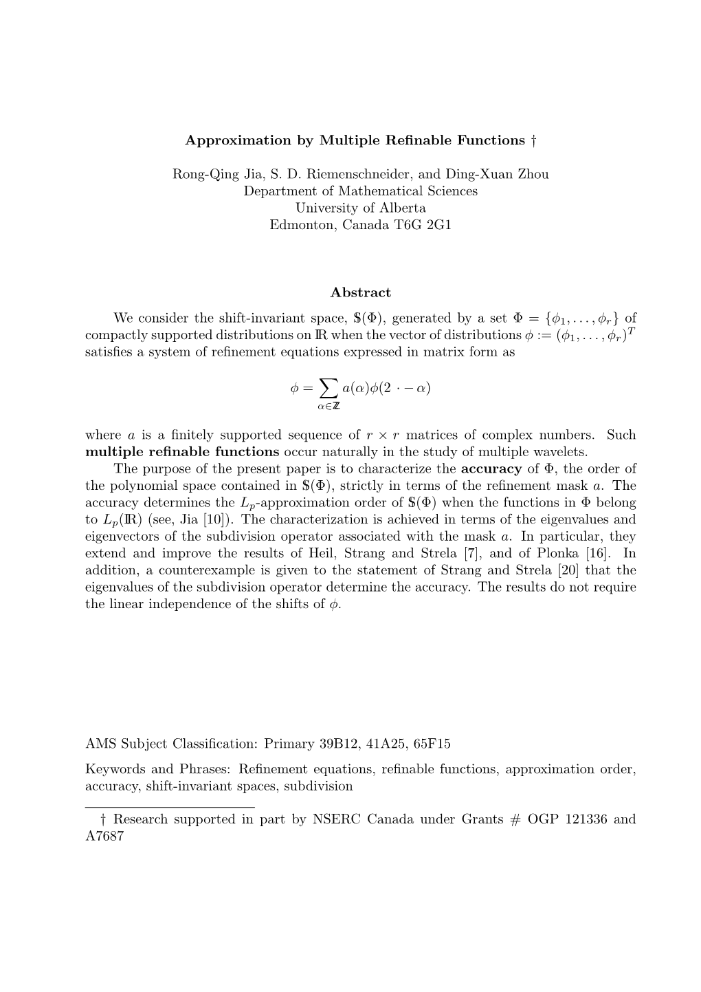 Approximation by Multiple Refinable Functions