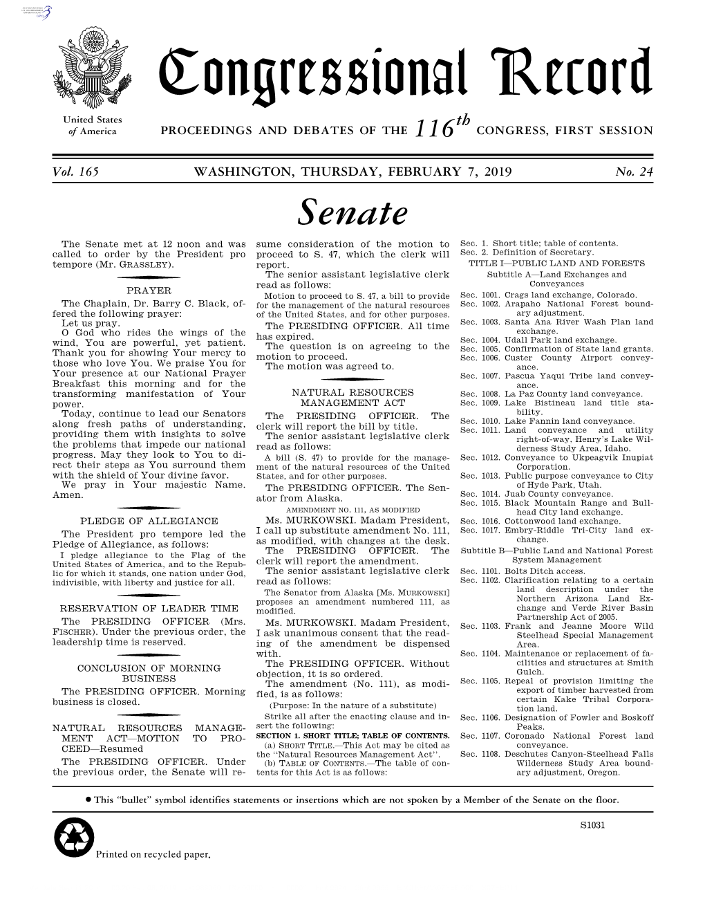 Congressional Record United States Th of America PROCEEDINGS and DEBATES of the 116 CONGRESS, FIRST SESSION