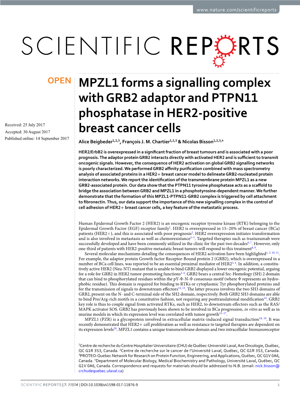 MPZL1 Forms a Signalling Complex with GRB2 Adaptor and PTPN11 Phosphatase in HER2-Positive Breast Cancer Cells