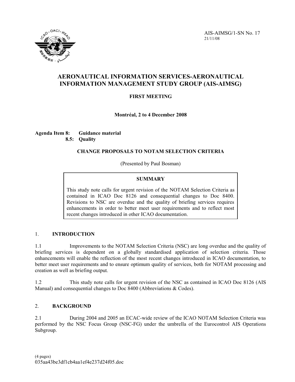 Change Proposals to NOTAM Selection Criteria