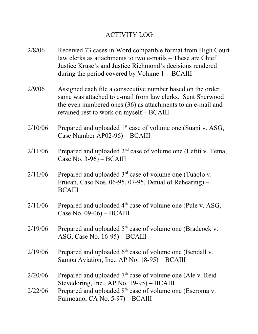 2/10/06 Prepared and Uploaded 1St Case of Volume One (Suani V. ASG, Case Number AP02-96) BCAIII