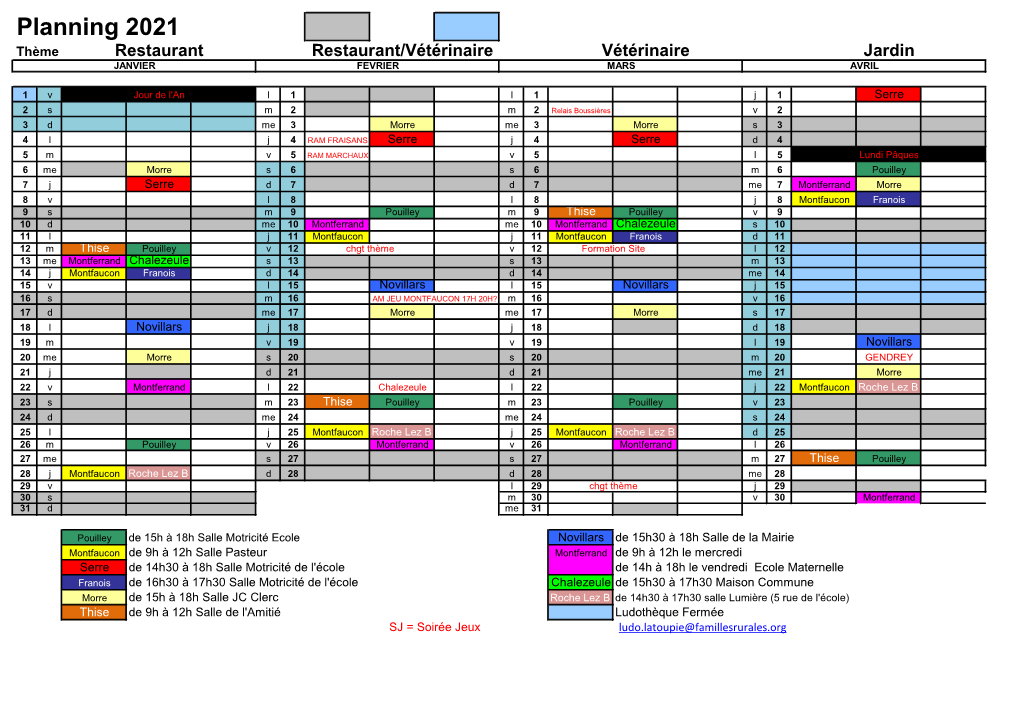 Planning 2021 Thème Restaurant Restaurant/Vétérinaire Vétérinaire Jardin JANVIER FEVRIER MARS AVRIL
