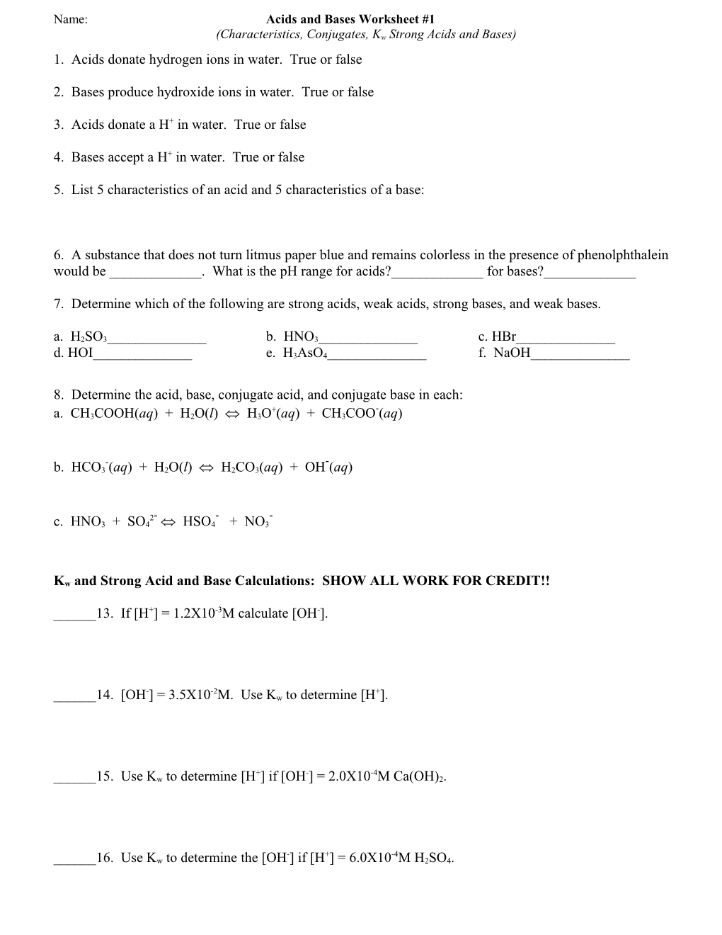 Name: Acids and Bases Worksheet #1