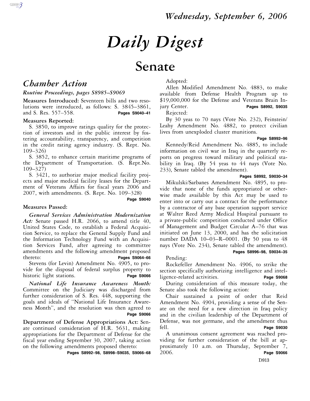 Daily Digest Senate Adopted: Chamber Action Allen Modified Amendment No