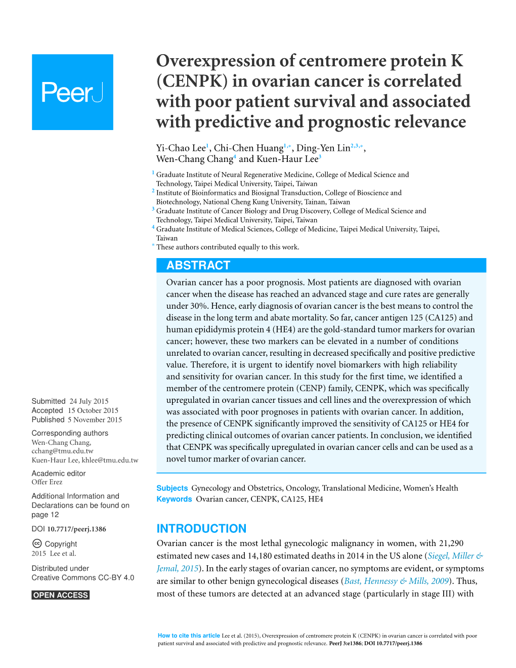 Overexpression of Centromere Protein K (CENPK) in Ovarian Cancer Is Correlated with Poor Patient Survival and Associated with Predictive and Prognostic Relevance