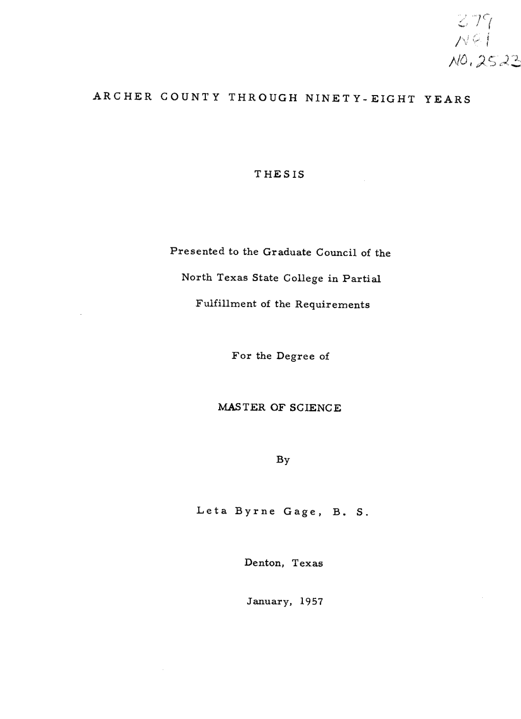 Archer County Through Ninety-Eight Years Thesis