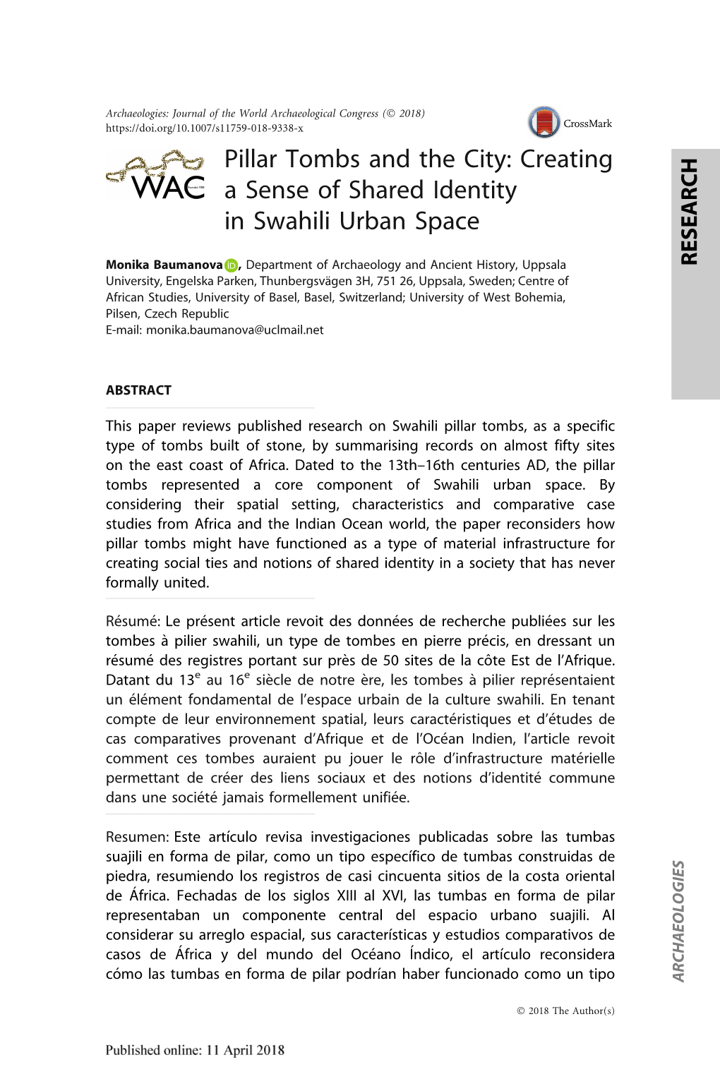 Pillar Tombs and the City: Creating a Sense of Shared Identity in Swahili Urban Space