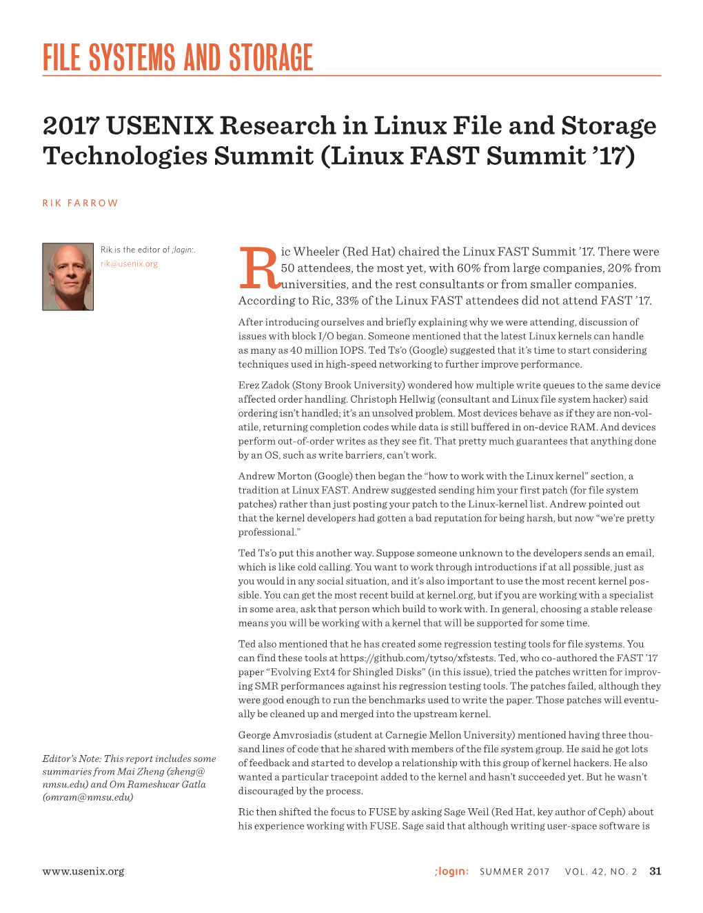 2017 USENIX Research in Linux File and Storage Technologies Summit (Linux FAST Summit ’17)