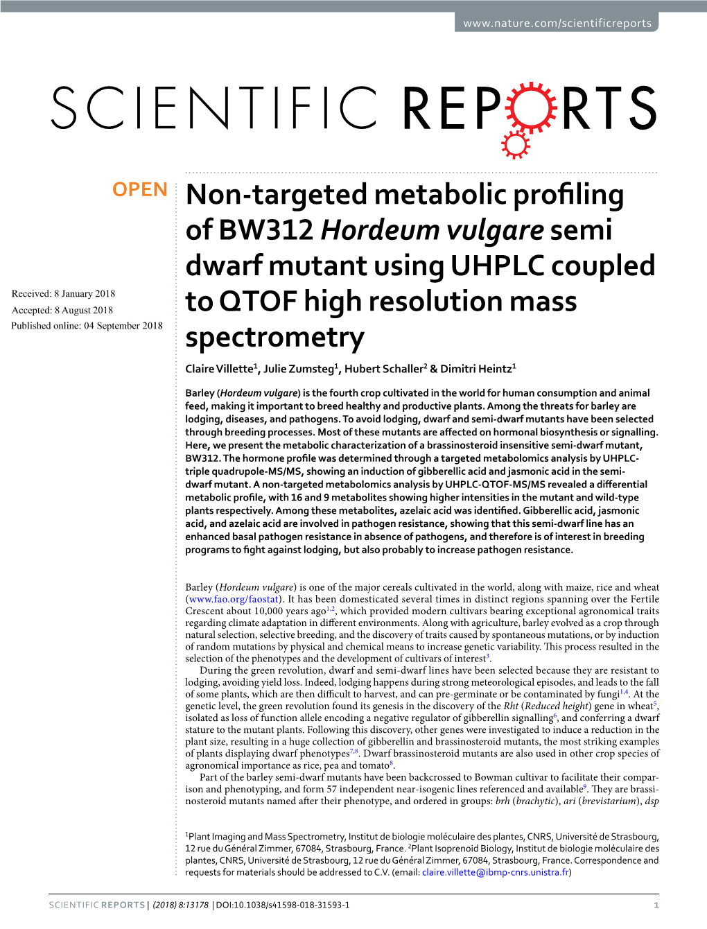 Non-Targeted Metabolic Profiling of BW312 Hordeum Vulgare Semi