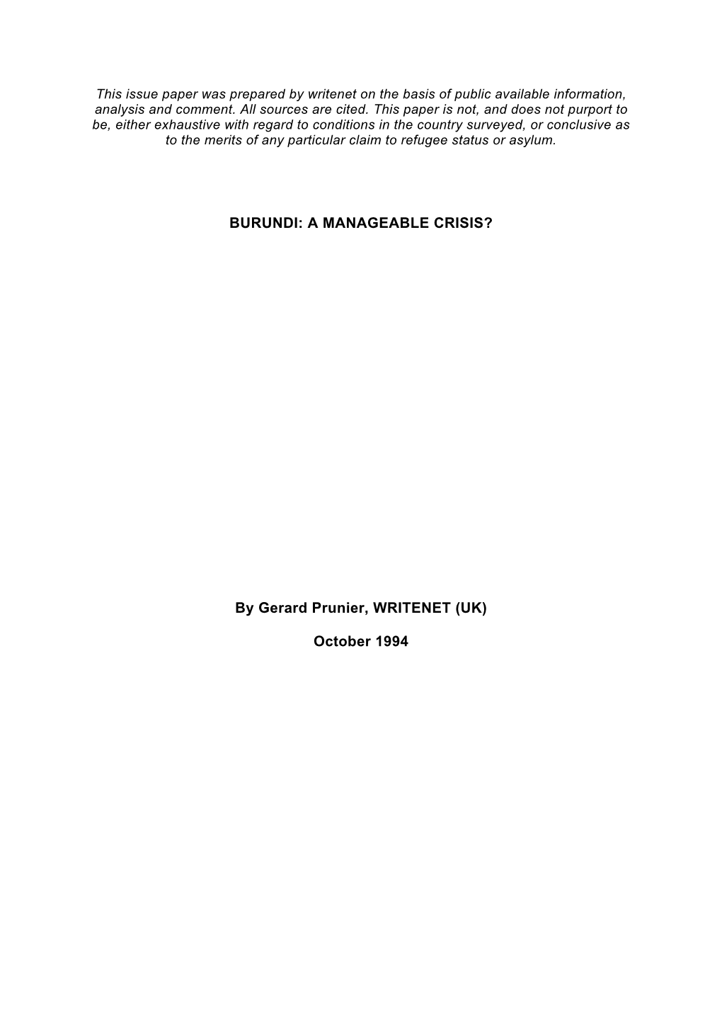 Burundi: a Manageable Crisis?