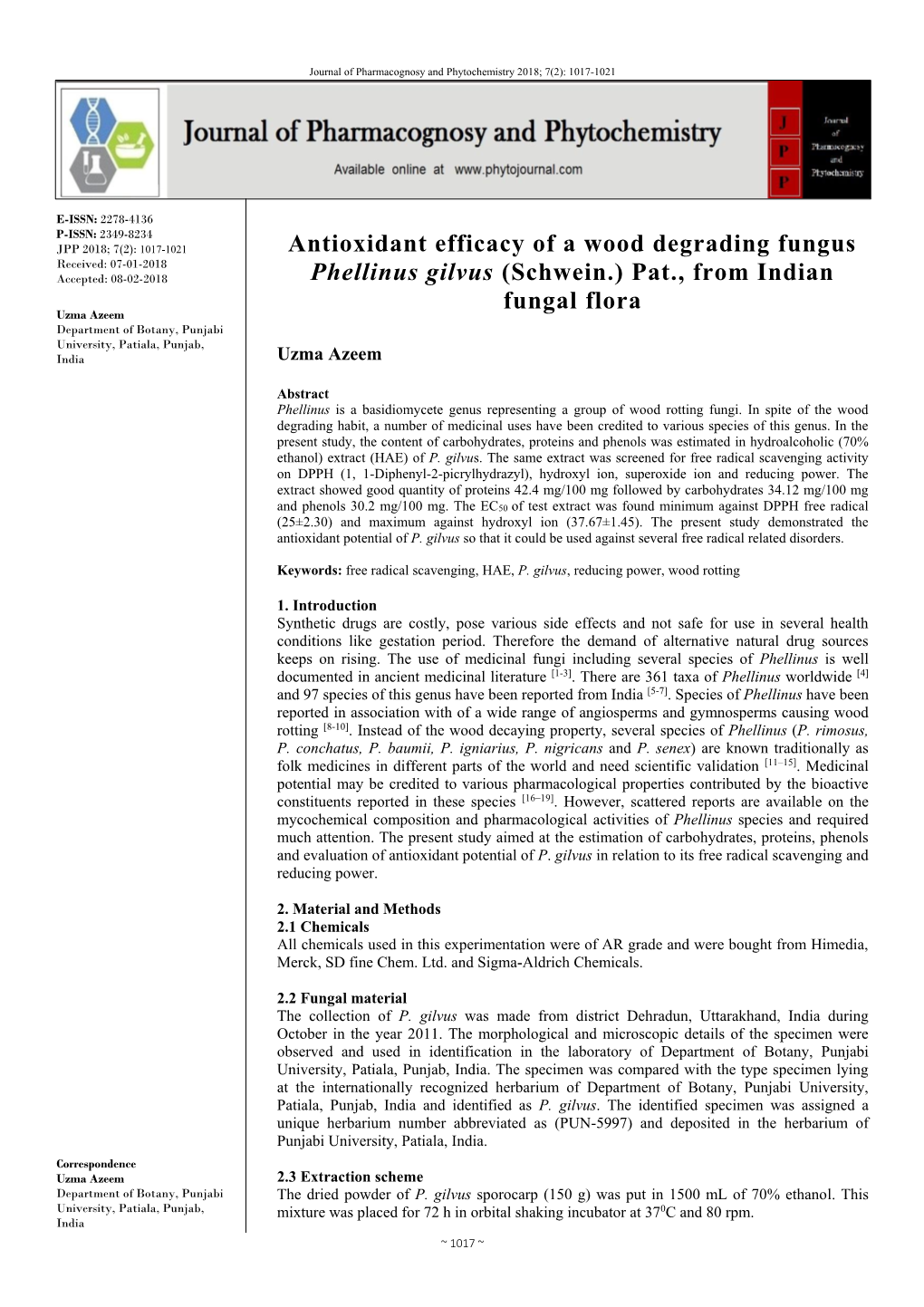 Antioxidant Efficacy of a Wood Degrading Fungus Phellinus Gilvus