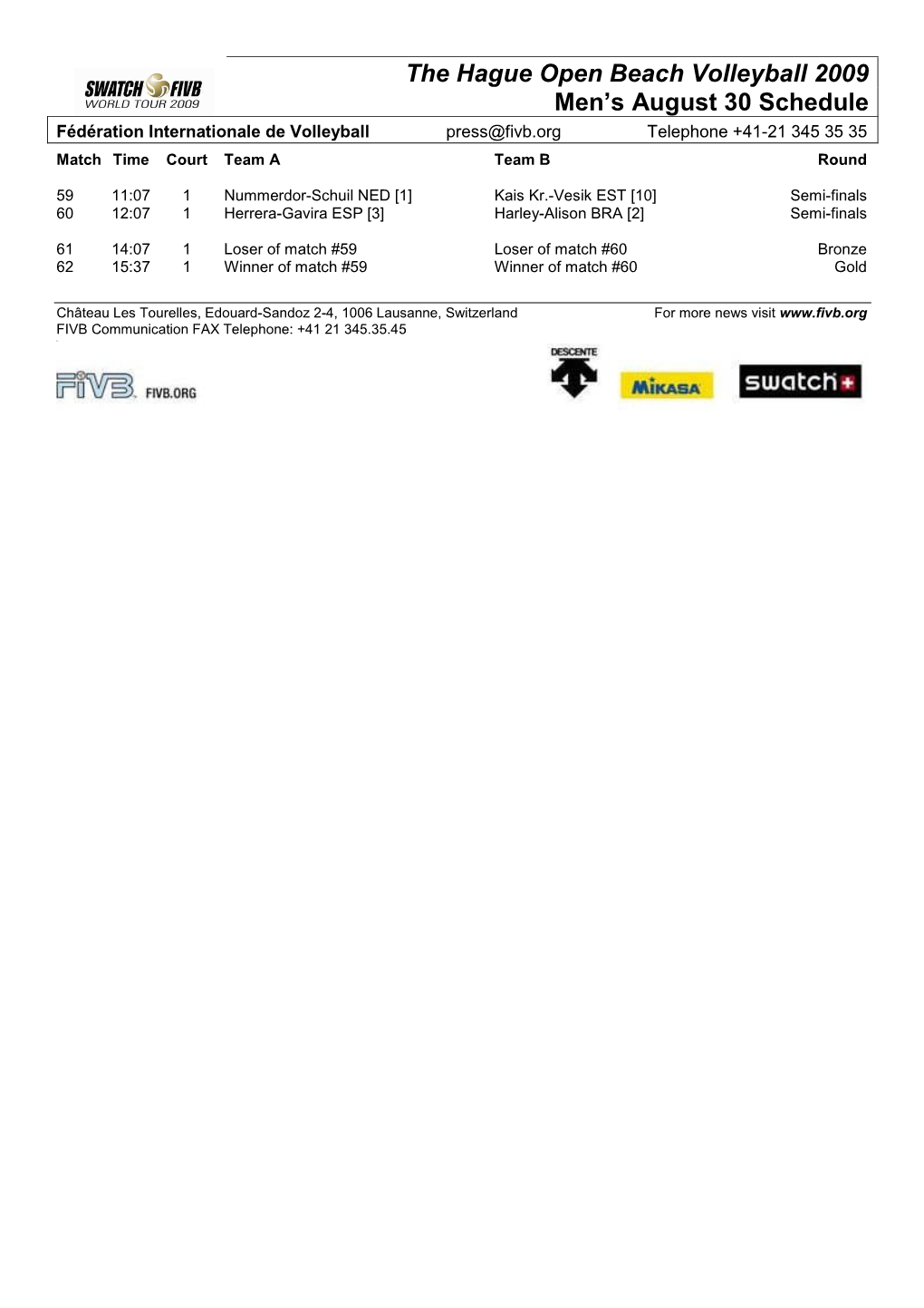 The Hague Open Beach Volleyball 2009 Men'saugust 30 Schedule