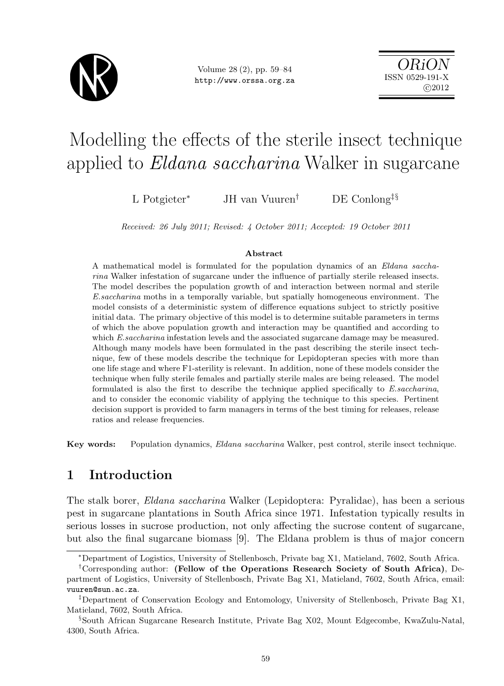 Modelling the Effects of the Sterile Insect Technique Applied to Eldana