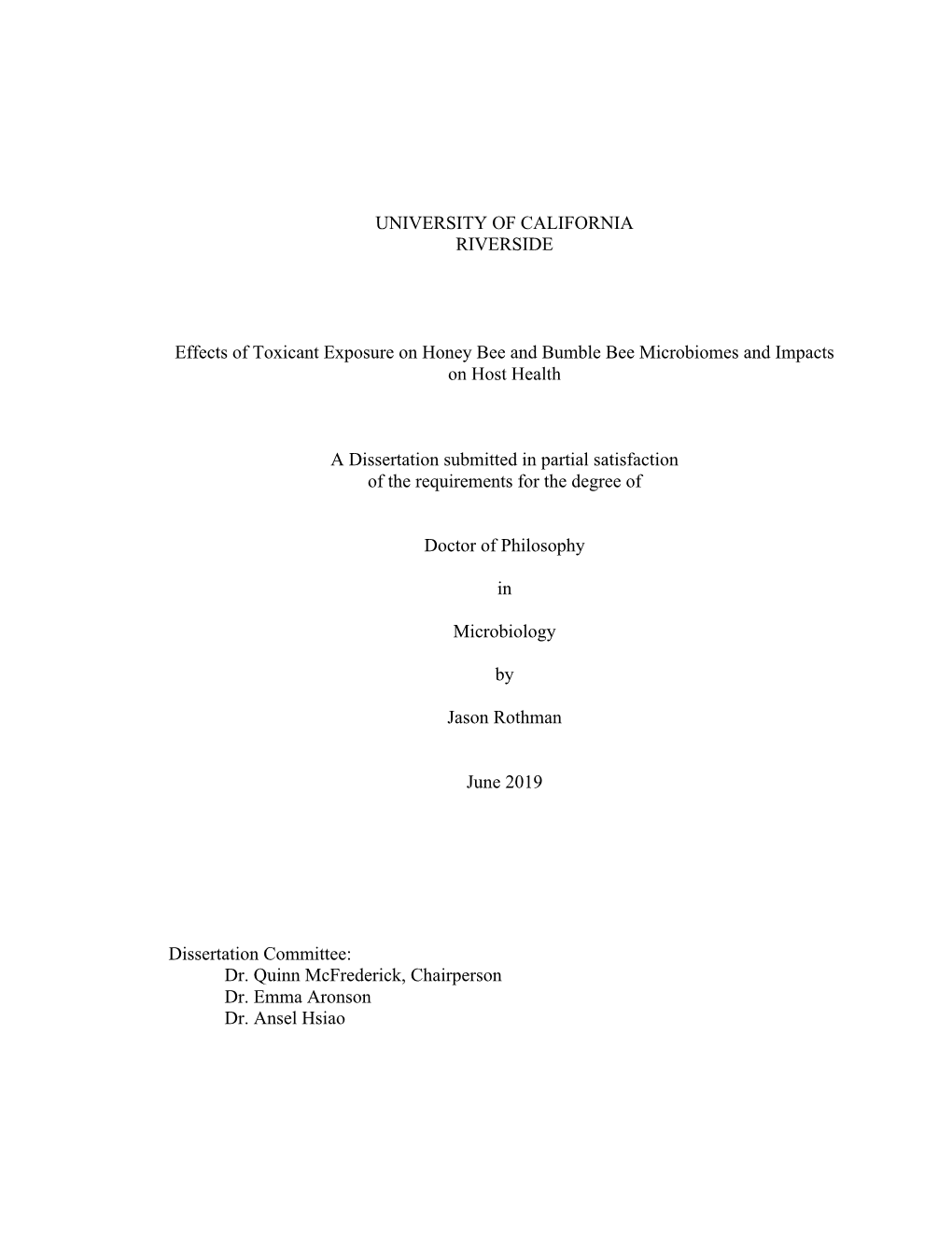 UNIVERSITY of CALIFORNIA RIVERSIDE Effects of Toxicant