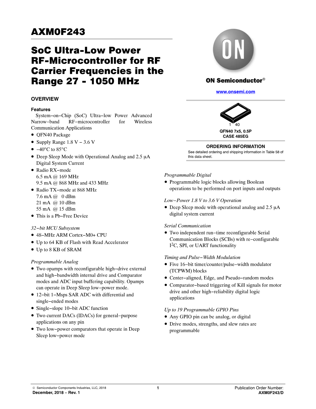 AXM0F243 Soc Ultra-Low Power RF-Microcontroller for RF Carrier Frequencies in the Range 27 - 1050 Mhz OVERVIEW