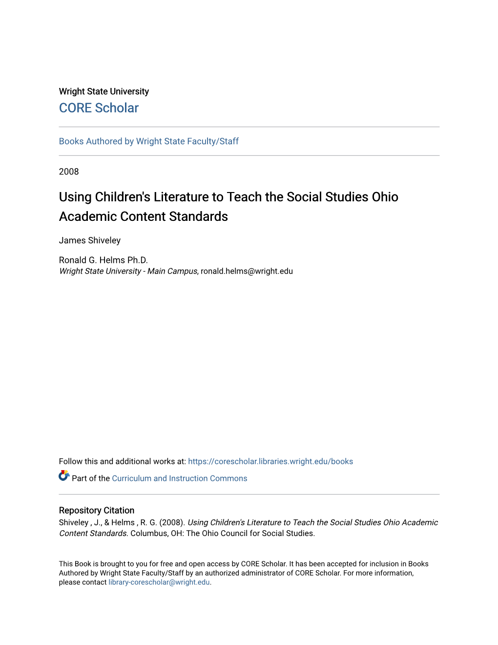 Using Children's Literature to Teach the Social Studies Ohio Academic Content Standards