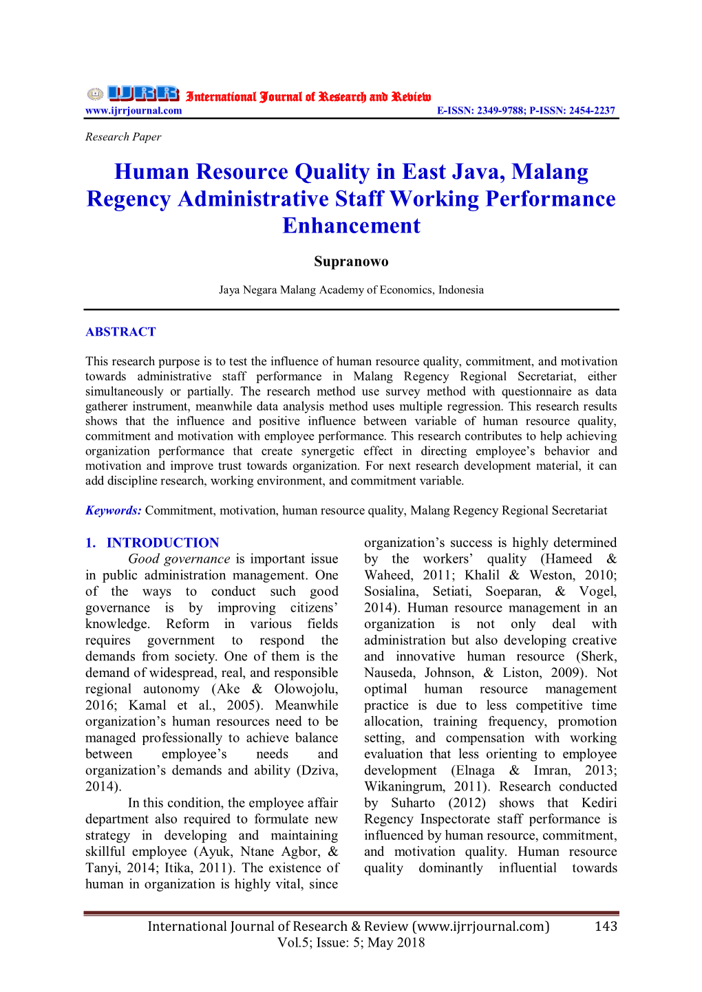 Human Resource Quality in East Java, Malang Regency Administrative Staff Working Performance Enhancement