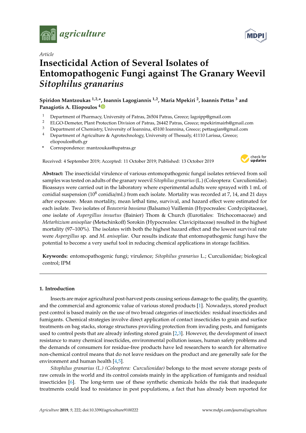 Insecticidal Action of Several Isolates of Entomopathogenic Fungi Against the Granary Weevil Sitophilus Granarius