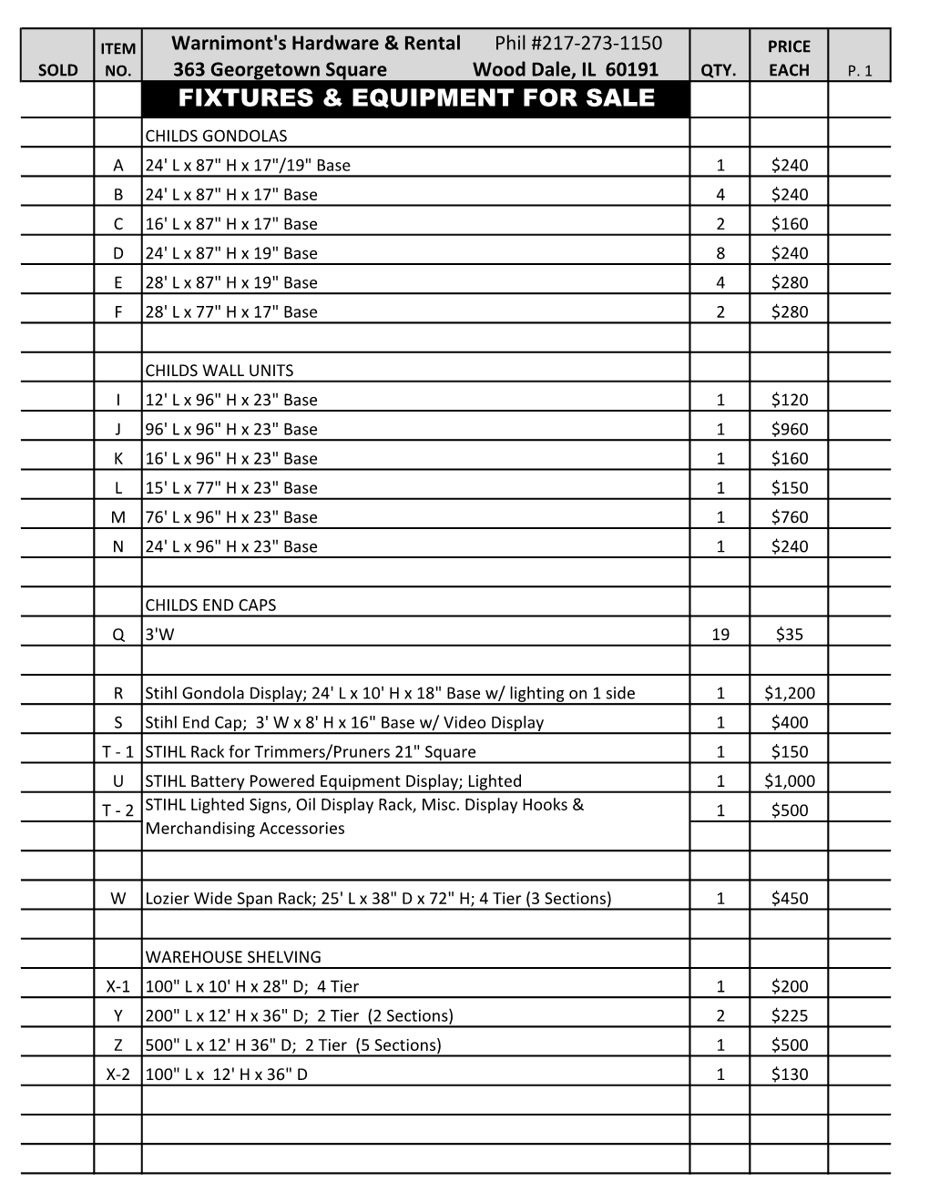 Fixtures & Equipment for Sale