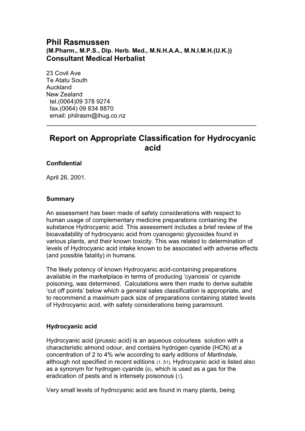 Report on Appropriate Classification for Hydrocyanic Acid