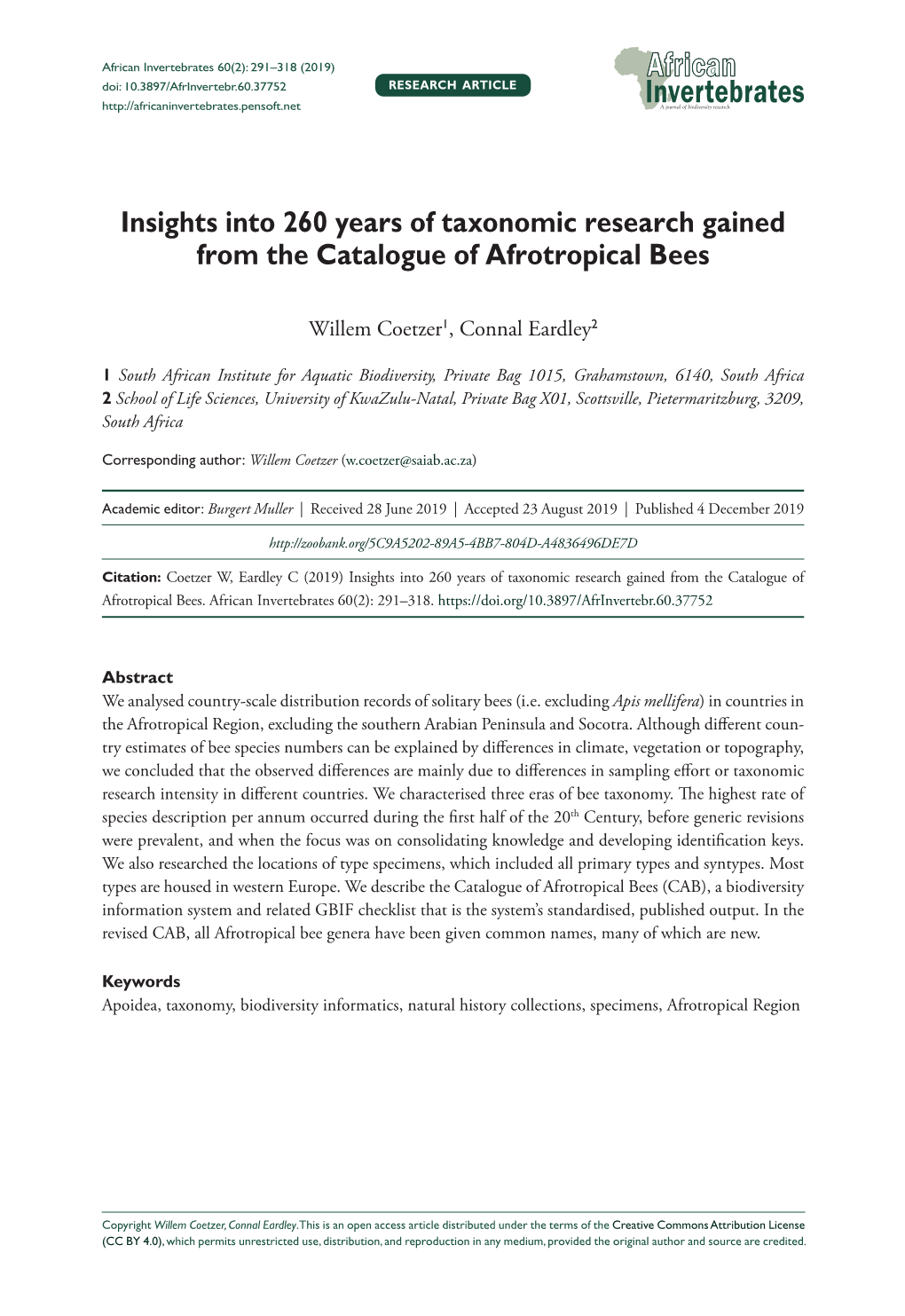 Insights Into 260 Years of Taxonomic Research Gained from the Catalogue of Afrotropical Bees