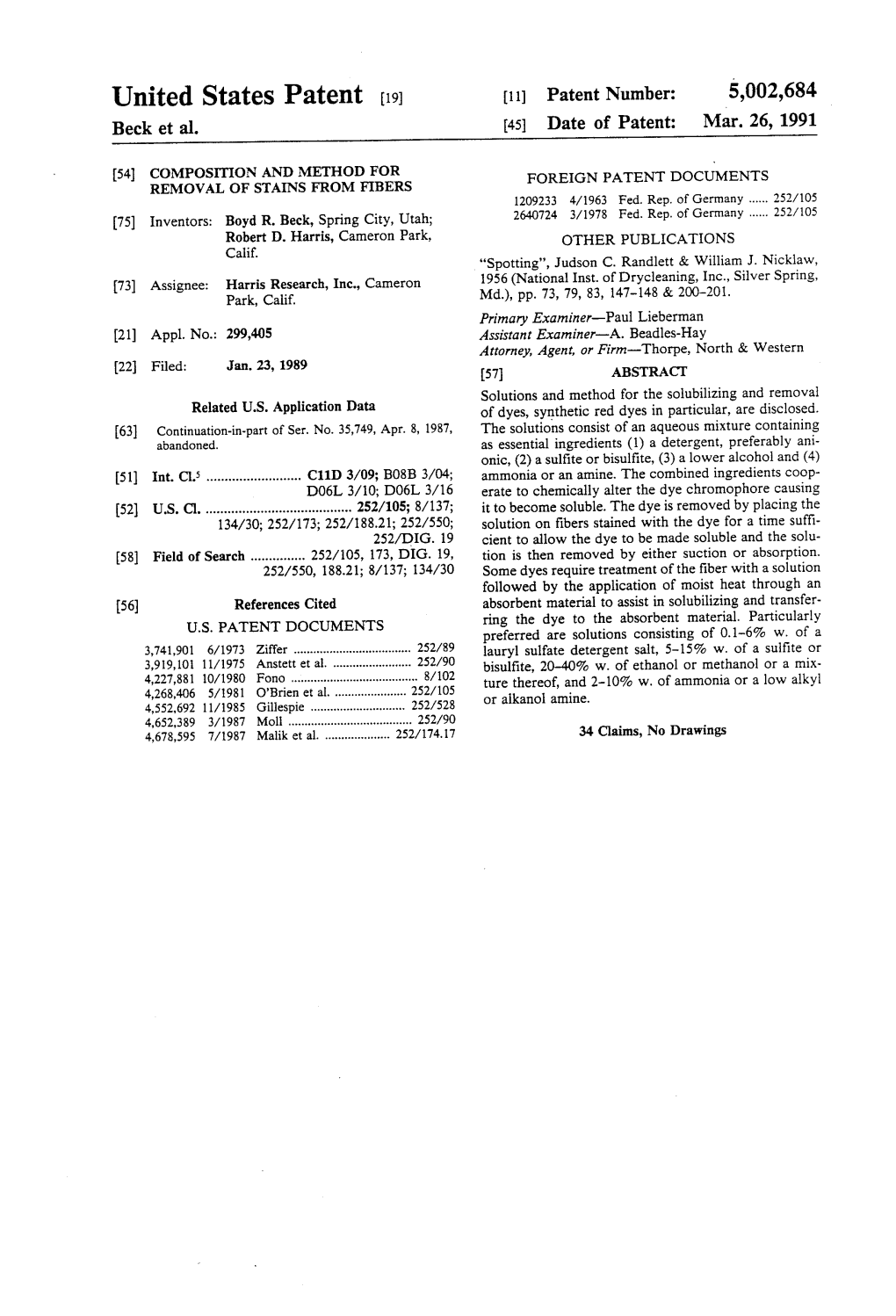 United States Patent (19) (11) Patent Number: 5,002,684 Beck Et Al