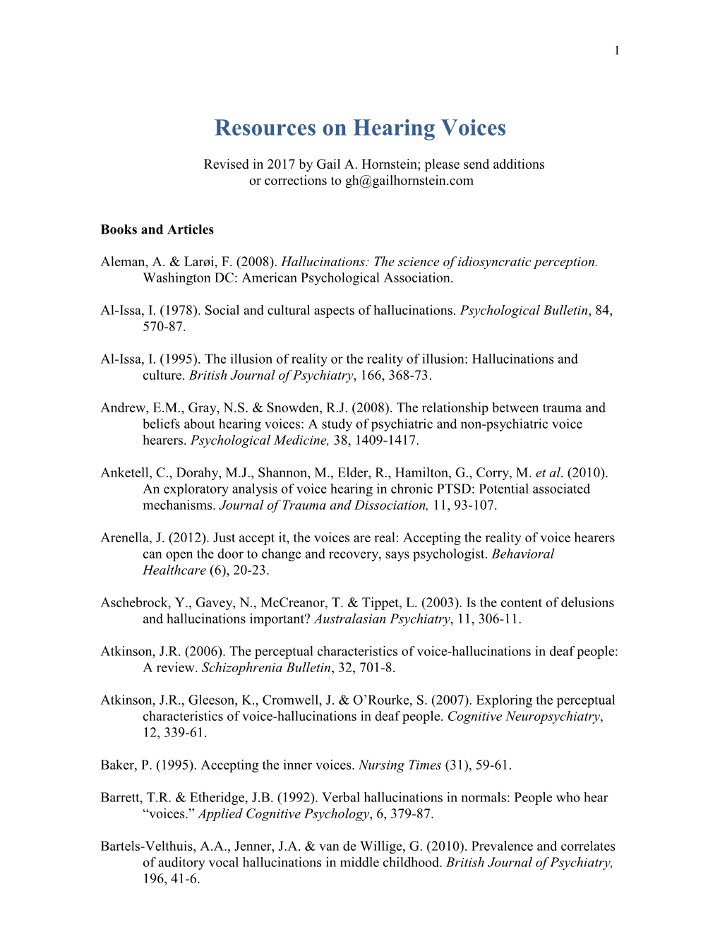 Resources on Hearing Voices