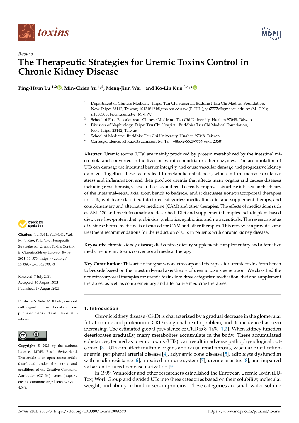 The Therapeutic Strategies for Uremic Toxins Control in Chronic Kidney Disease