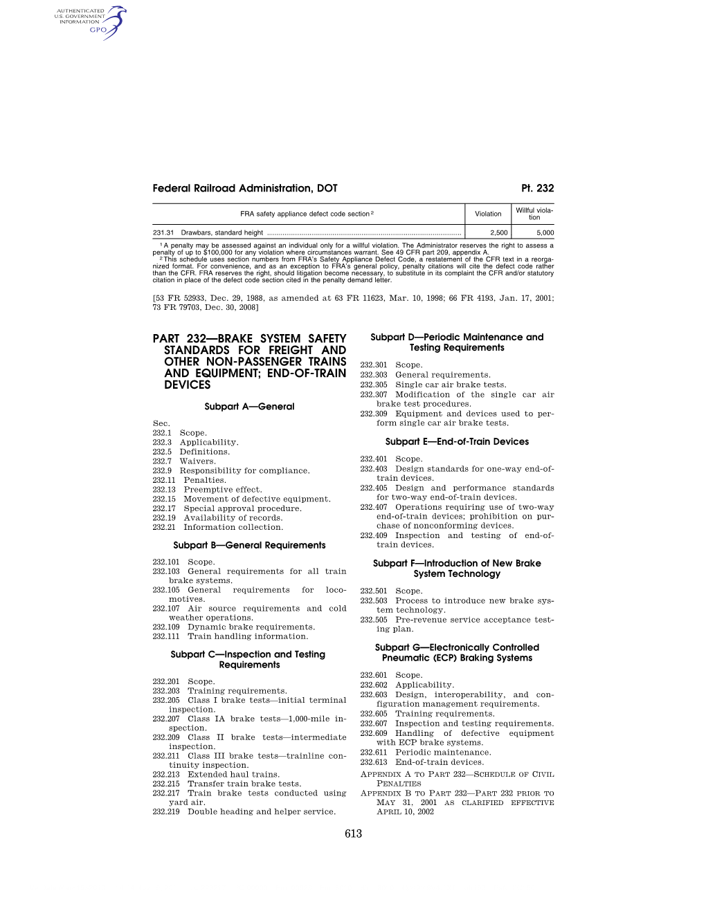 613 Part 232—Brake System Safety Standards for Freight and Other Non-Passenger Trains and Equipment