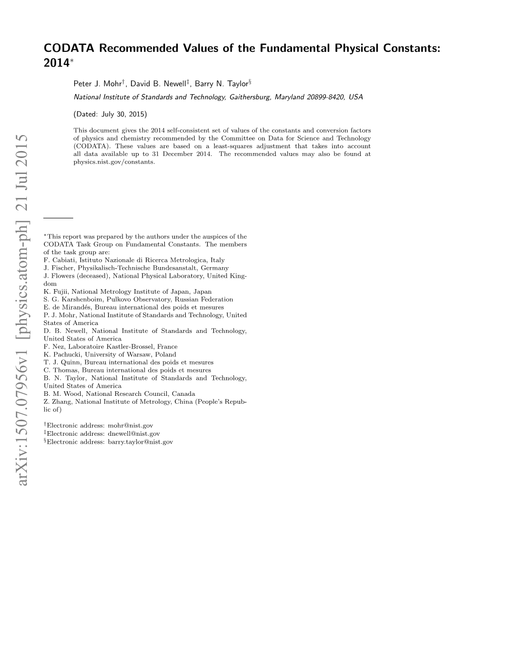 Arxiv:1507.07956V1 [Physics.Atom-Ph] 21 Jul 2015 § ‡ † (People’S China Metrology, Of) of Lic Technolog Institute Canada National Council, and Zhang, Research Z