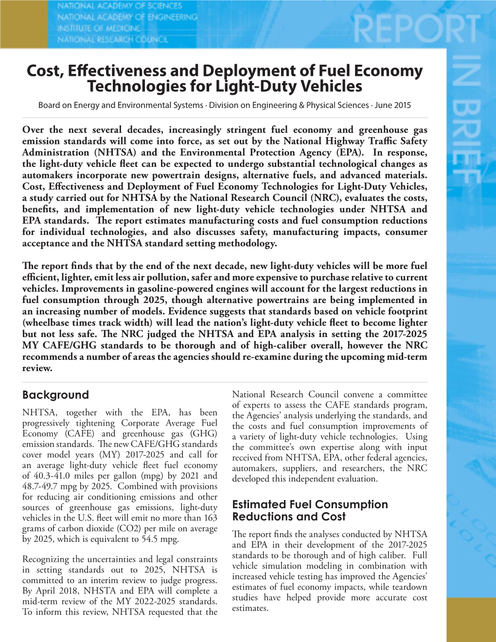 Cost, Effectiveness and Deployment of Fuel Economy Technologies for Light-Duty Vehicles