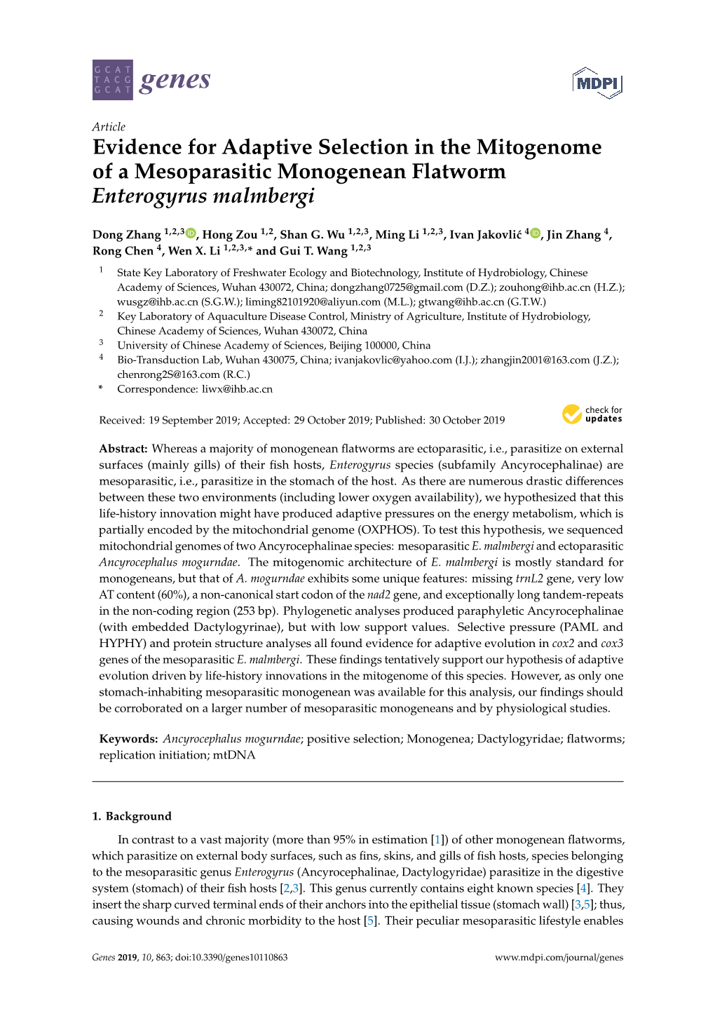 Evidence for Adaptive Selection in the Mitogenome of a Mesoparasitic Monogenean Flatworm Enterogyrus Malmbergi