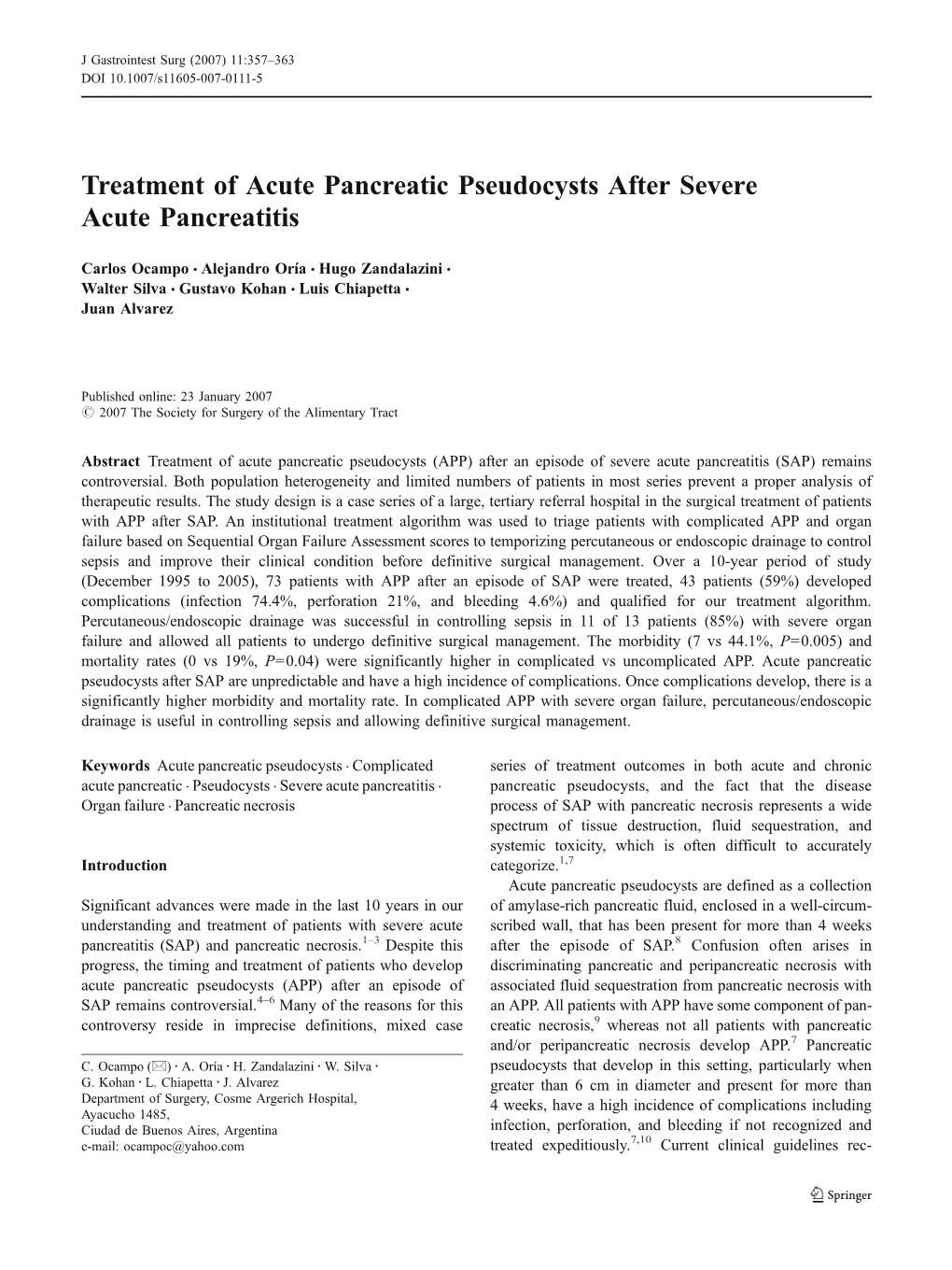 Treatment of Acute Pancreatic Pseudocysts After Severe Acute Pancreatitis