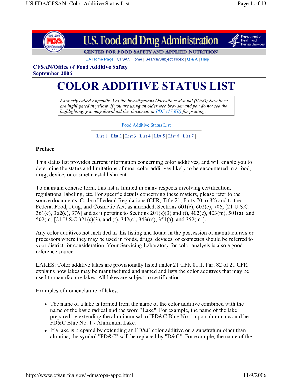 Color Additive Status List Page 1 of 13