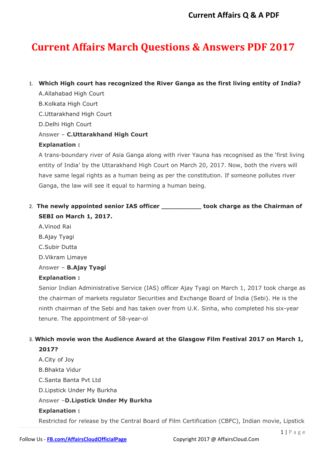 Current Affairs March Questions & Answers PDF 2017